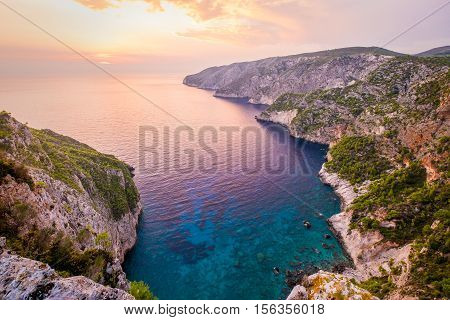 Ocean Coastline Landscape View At Sunset, Zakynthos Island