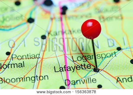 Lafayette pinned on a map of Indiana, USA
