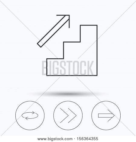 Arrows icons. Upstairs, next and repeat linear signs. Next arrow flat line icons. Linear icons in circle buttons. Flat web symbols. Vector