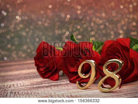 birthday concept with red roses on wooden desk. 3D render - ninety-eighth birthday. 98th