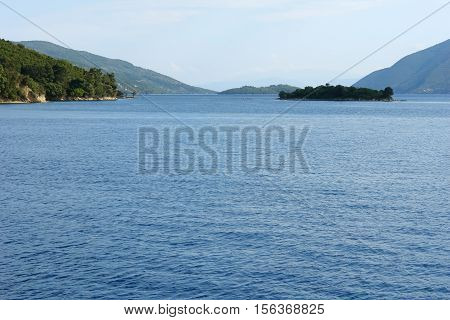 Levkas GREECE May 11 2013: Panoramic view with blue sea and mountains in Ionian sea Greece.