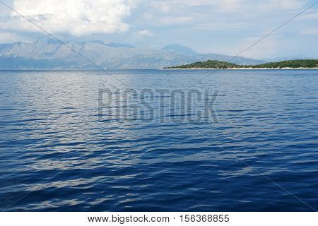 Levkas GREECE May 11 2013: Panoramic view with blue sea and mountains in Ionian sea Greece.