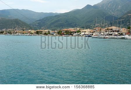 Nidri GREECE May 11 2013: View on the Nidri town in the evening. Ionian sea Greece.