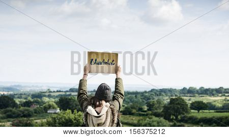 Woman Rear View Top Mountain Carefree Cloudscape Wanderlust Concept