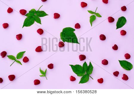 composition of raspberries and raspberry leaves on a pink background close up