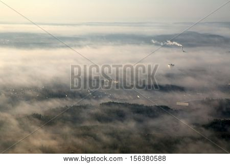 Foggy hills viewed from the air, aerial landscape