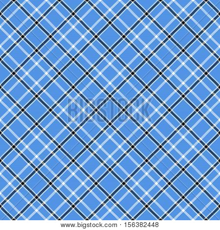 Seamless tartan plaid pattern in white & black stripes on blue background. Traditional checkered design print. Plaid fabric texture background.