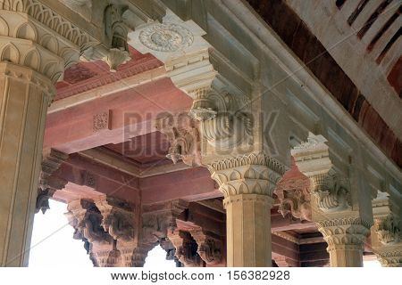 JAIPUR, INDIA - FEBRUARY 16: White marble hall of Sattais Katcheri at Amber Fort in Jaipur, Rajasthan, India, on February 16, 2016.