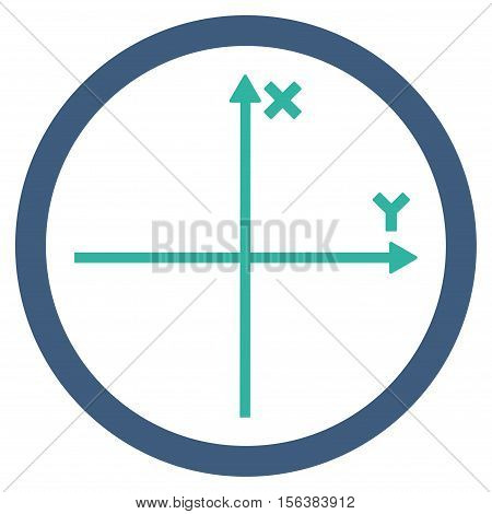 Cartesian Axis vector bicolor rounded icon. Image style is a flat icon symbol inside a circle, cobalt and cyan colors, white background.