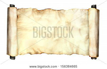 Photo image of an old rolled side paper sheet isolated on white grunge burnt antique paper texture empty old treasure map template