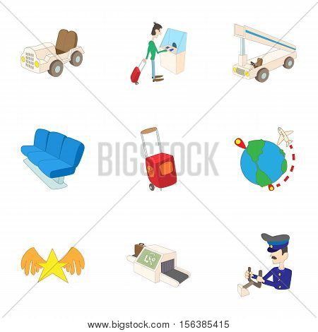 Arrive at airport icons set. Cartoon illustration of 9 arrive at airport vector icons for web