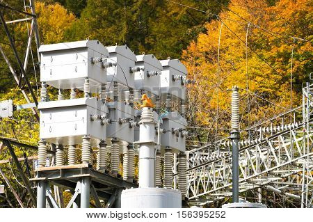 High voltage power transformer substation. Power and energy concept.