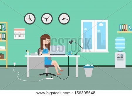 Happy woman working with laptop. Office interior and workplace. Business illustration in modern flat style