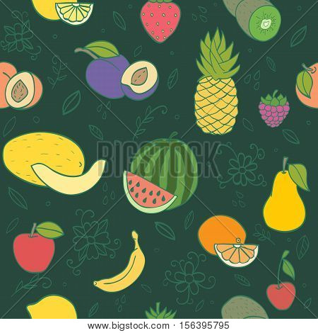 Colorful hand drawn seamless pattern with fruits and berries. Doodle pineapple, banana, watermelon, orange  peach and other juicy fruits