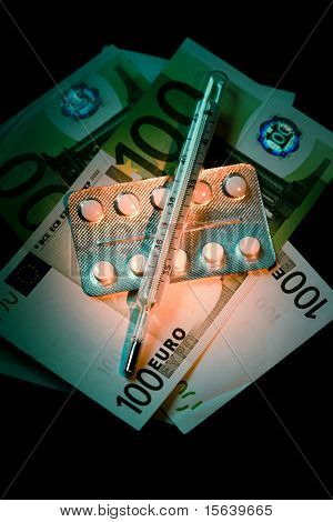 Bankbiljetten met pillen Blister en Thermometer