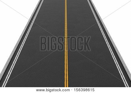 3d rendering of an empty two-way road covered with asphalt going straight, isolated on a white background. Road markings and signs. New horizons and opportunities. An unfamiliar path. Travel concept  illustration.