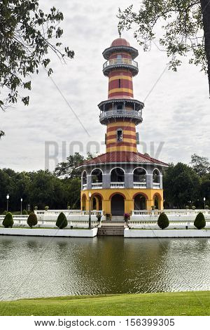 AYUTTHAYA, THAILAND - November 4, 2016: View of Ho Withun Thasana the observatory tower built as a lookout tower for viewing the surrounding countryside