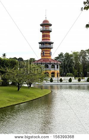 AYUTTHAYA, THAILAND - November 4, 2016: View of Ho Withun Thasana the observatory tower built as a lookout tower for viewing the surrounding countryside