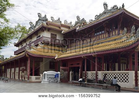 AYUTTHAYA, THAILAND - November 4, 2016: View of Phra Thinang Wehart Chamrun the Chinese style royal mansion at the Bang Pa-In summer palace in Thailand