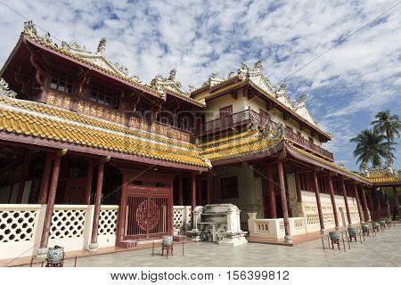 AYUTTHAYA, THAILAND - November 4, 2016: View of Phra Thinang Wehart Chamrun the Chinese style royal mansion at the Bang Pa-In summer palace in Thailand