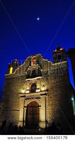 Night view of the Church of Sangre de Cristo(Templo de Sangre de Cristo) in Oaxaca Mexico.