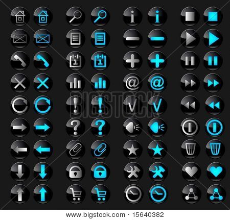 Set of stylish black glass buttons with web icons in active and inactive state.
