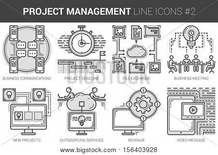 Project management infographic metaphor with line icons. Project management concept for website and infographics. Vector line art icon set isolated on white background.