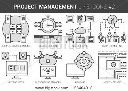 Project management infographic metaphor with line icons. Project management concept for website and infographics. Vector line art icon set isolated on white background.