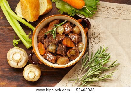 Traditional  beef goulash - Boeuf bourguigno. Comfort food. Stew meat with vegetables