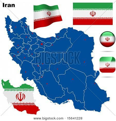 Iran vector sarja. Yksityiskohtaiset maakohtaiset muodon alueen raja, liput ja symbolit, jotka on eristetty valkoinen backg