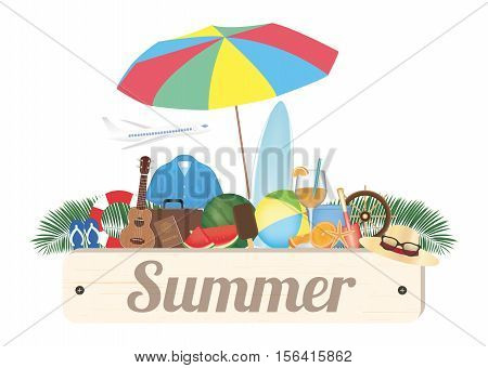 summer wood board with ukulala Ring rescue sandal shirt travel bag water melon surfboard ball juice steering boat hat airplane and umbella