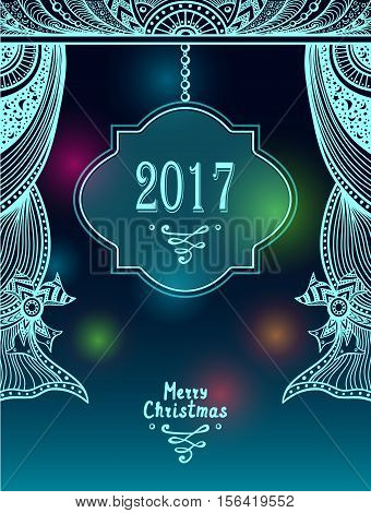 New Year or Christmas congratulation with  Zen tangle style decoration  in  blue or creative Merry Christmas or New Year Post Card or for decoration  package or for congratulation winter holiday