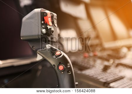 Control panel and control equipment of plane in cockpit. Plane cockpit with many function to control plane. monitor equipment in plane cockpit and operation by pilot and copilot in plane business.