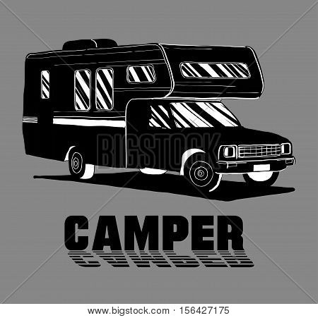 Vector illustration of isolated Hand Drawn, doodle Camper, car Recreation transport, Vehicles Camper Vans Caravans Icons. Motor home. Object with text.