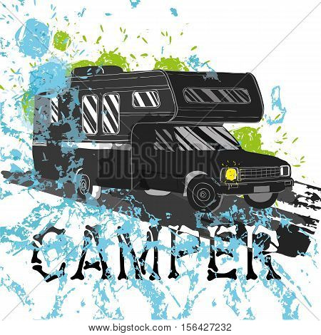 Vector illustration of isolated watercolor, spot and spray effect Camper, car Recreation transport, Vehicles Camper Vans Caravans Icons. Motor home for textile