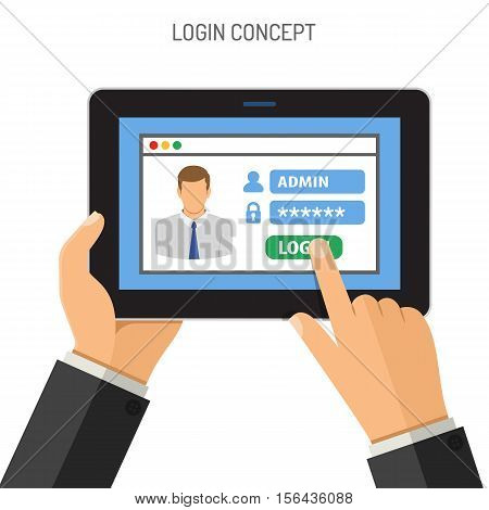 Login Concepts Man holding tablet PC similar to ipad horizontal in hand and touching logon window with password. isolated vector flat icon illustration.