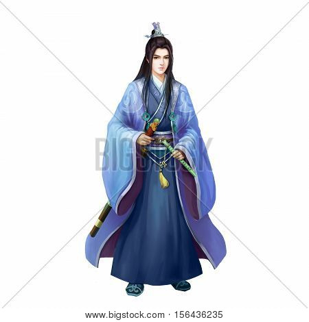 Ancient Chinese People Artwork: Pretty Young Man, GentleMan, Handsome Swordsman. Video Game's Digital CG Artwork, Concept Illustration, Realistic Cartoon Style Background and Character Design