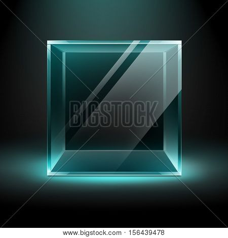 Vector Empty Transparent Glass Box Cube on Dark Black Background with Blue Turquoise Backlight