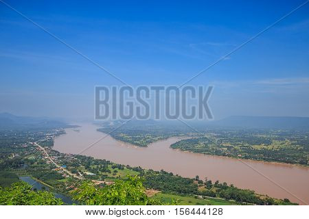 Mekong River With Morning Fog Looked From Transparent Sky Walk At Wat Pha Tak Suea In Nong Khai Prov