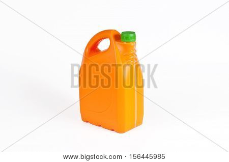 Orange plastic jerrycan with a green cap on white background.