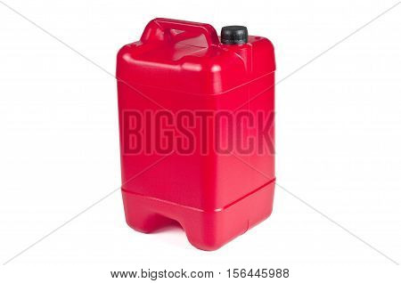 Red plastic jerrycan with a black cap on white background.