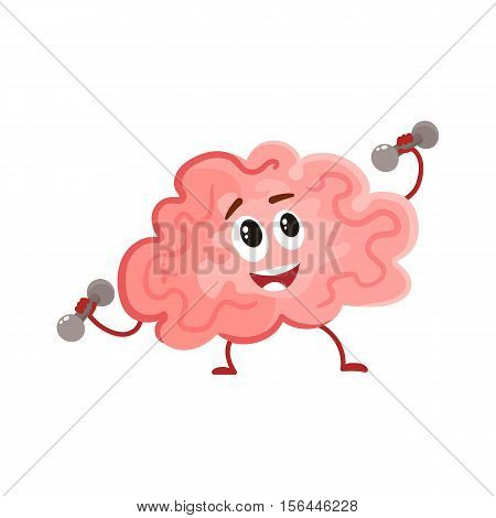 Funny smiling brain training with dumbbells, cartoon vector illustration on white background. Cute brain character lifting weights as a symbol of education, training and development