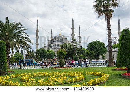ISTANBUL TURKEY - JUNE 19 2015: Sultan Ahmet Mosque (Turkish: Sultan Ahmet Camii) is a historic mosque in Istanbul Turkey. The mosque is popularly known as the Blue Mosque for the blue tiles adorning the walls of its interior