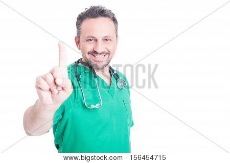 Handsome Male Doctor Pointing Finger Up