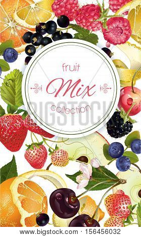 Vector fruit and berry banner. Design for juice tea ice cream jam natural cosmetics sweets and pastries filled with fruit dessert menu health care products. With place for text