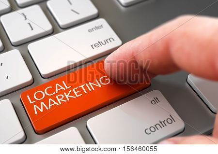 Man Finger Pressing Orange Local Marketing Button on Modernized Keyboard. 3D.