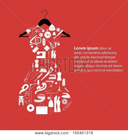 Illustration of white dress on black hanger on red background. The silhouette of the dresses was filled with sewing icons.