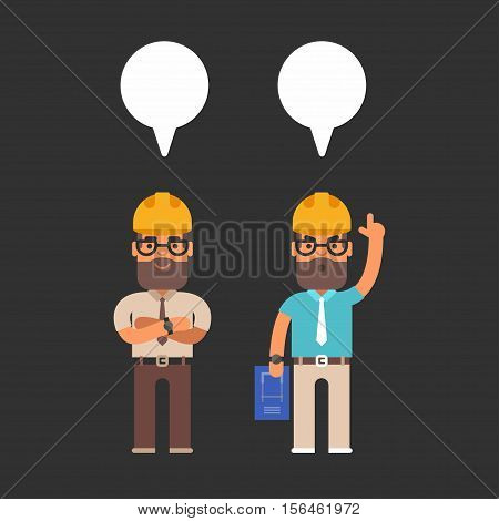 Construction engineers. Colored flat vector illustration on black background with a text bubble cloud.