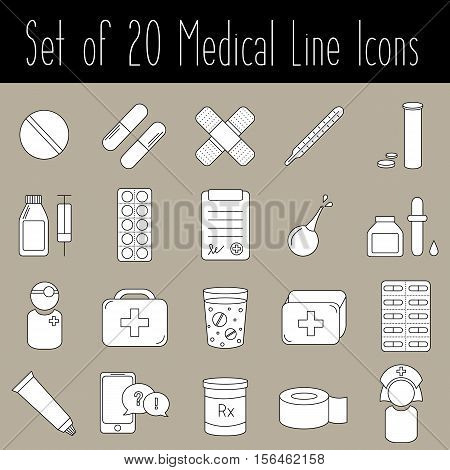 Set of 20 medical line icons. Vector collection of health and medicine.