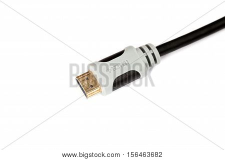 Gray and black computer hdmi cable isolated on white background closeup